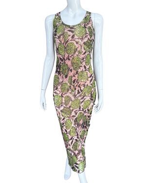Fuzzi Long Stretchy Dress Artichoke Green Flower Fun Print L